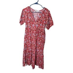 LOFT Red Floral Button Down Midi Dress Size XS Cotton Rayon Blend